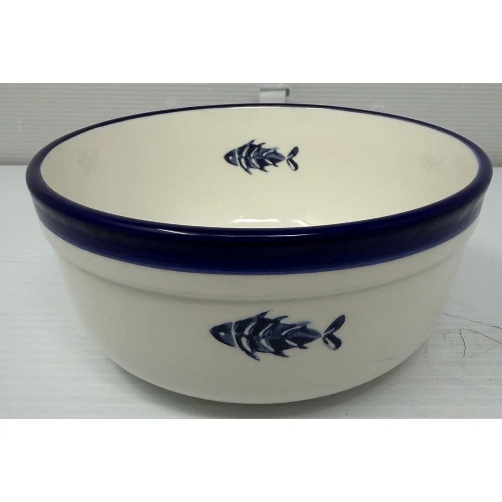 Crate‎ & Barrel Blue & White Fish Soup Cereal Bowl Italian Pottery Over & Back